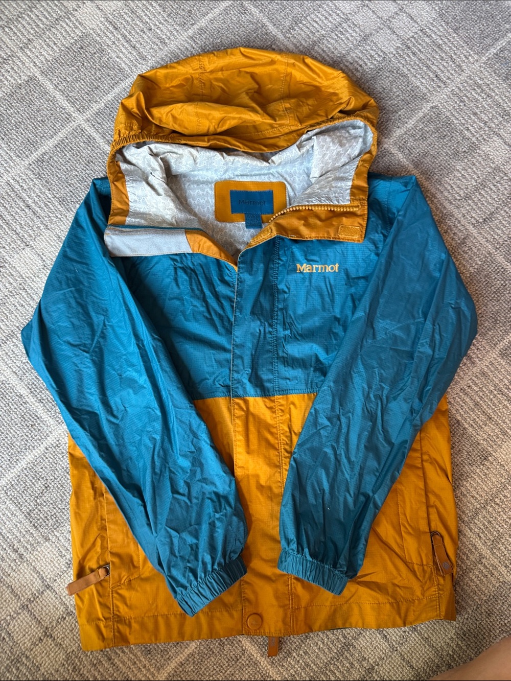 Marmot Teal and Mustard Two-Tone Kids Hooded Rain Jacket